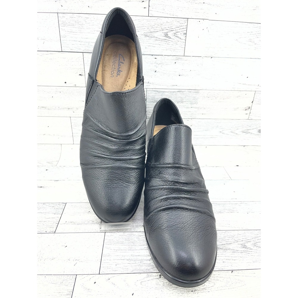 Clarks Collection Womens Sz 10M Black Leather Ruched Slip On Block Heel Shooties